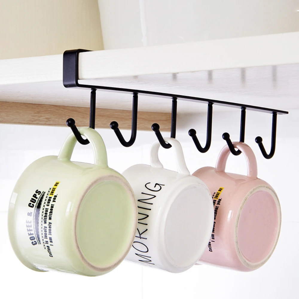 

Nieuwe Rack Holder 6 Haken Metalen Onder Plank Mok Cup Kast Keuken Organisator Opknoping Rack Holder Kitchen storage supplies