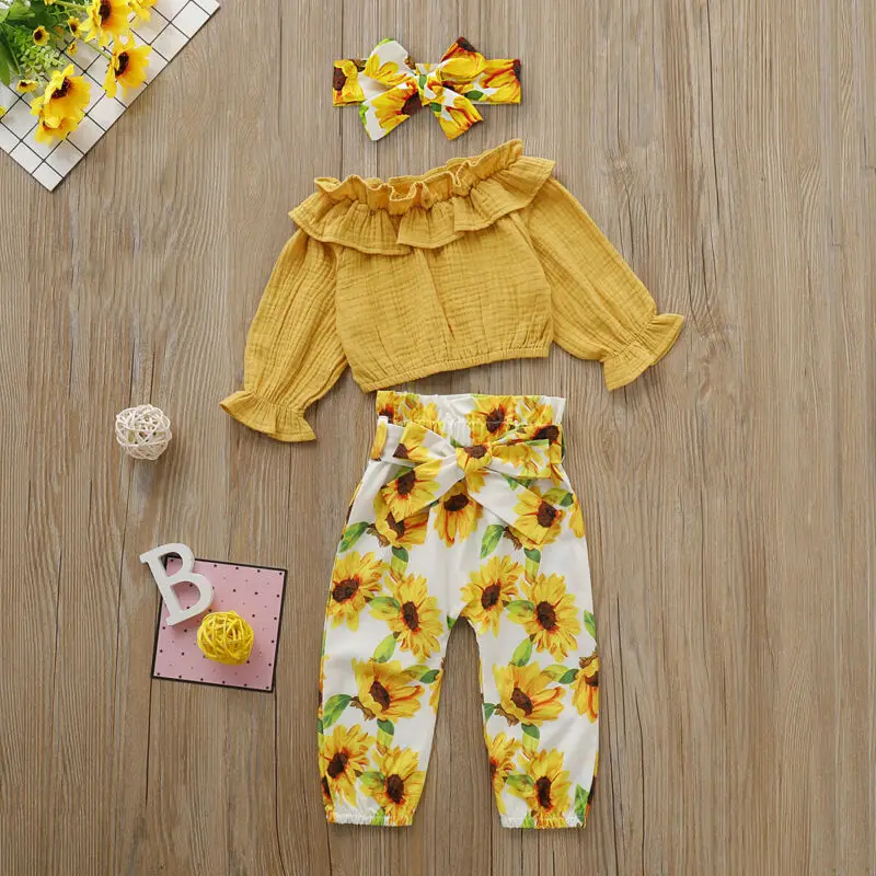 

3PCS Spring Autumn Set New Fashion Sweet Toddler Kids Baby Girls Clothes Tops T-Shirt Sunflower Pants Headband Outfits 1-4Years