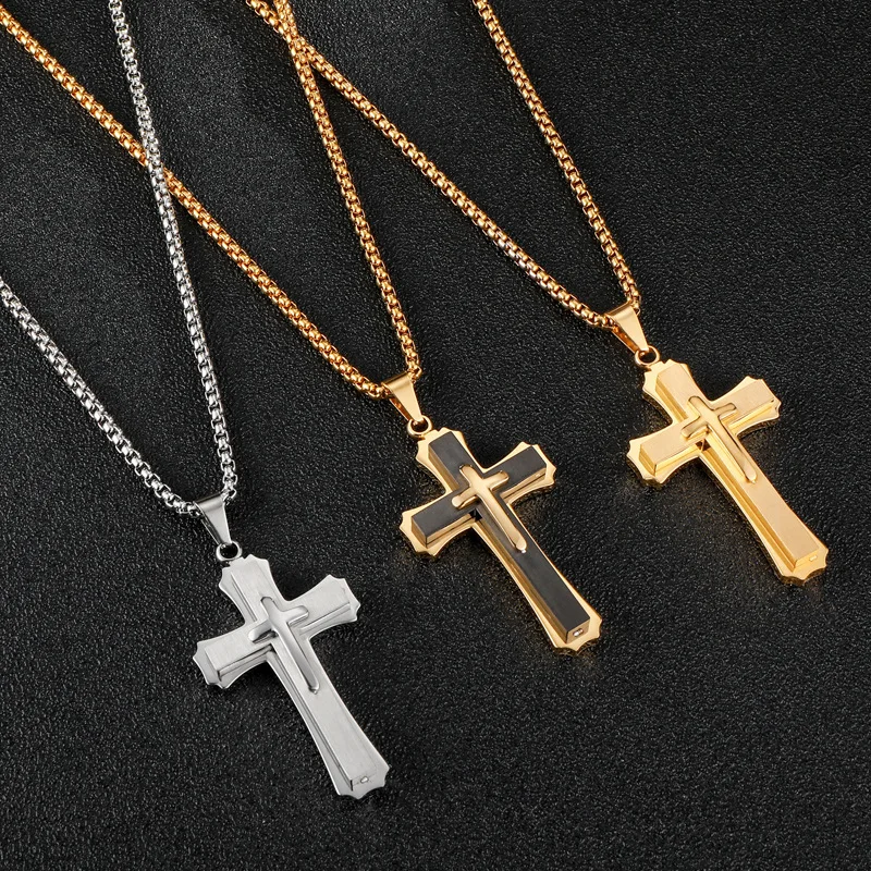 

High Quality Christian Jesus Cross Pendant Necklace Stainless Steel Multilayer Crucifix Collares For Men Jewelry