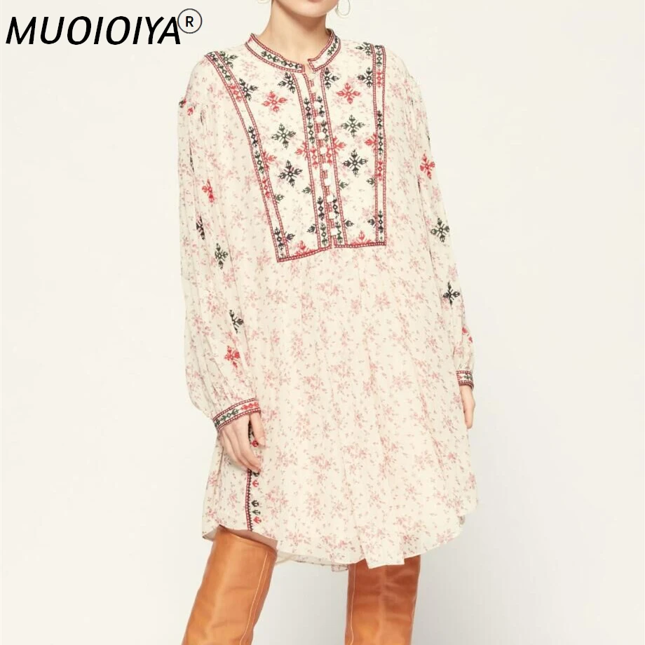 

2021 New Women Vintage Floral Embroideried Mini Dress Spring Summer Ladies Long Lantern Sleeve Fashion Loose Short Robe Dresses