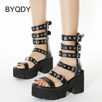 byqdy sexy rivets women platform sandals thick sole gothic belt buckle gladiator shoes for women heels back zipper soft leather