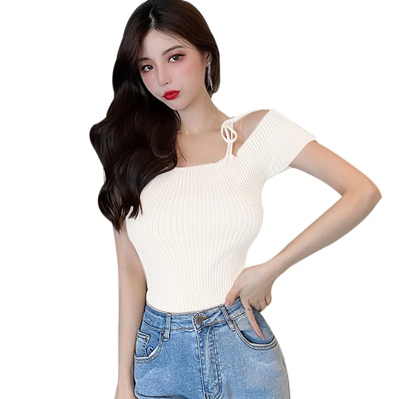 

Women's Slash Neck Short Sleeve Korean Version off-the-shoulder Wild Slim Short Knit T-shirt New 2020