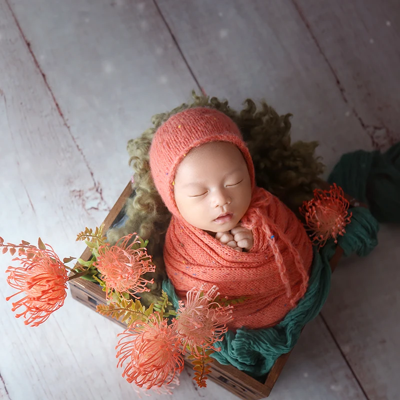 New mohair color dots wrap and knit bonnet newborn photo prop handmade baby sweater hat sets shoot | Детская одежда и обувь