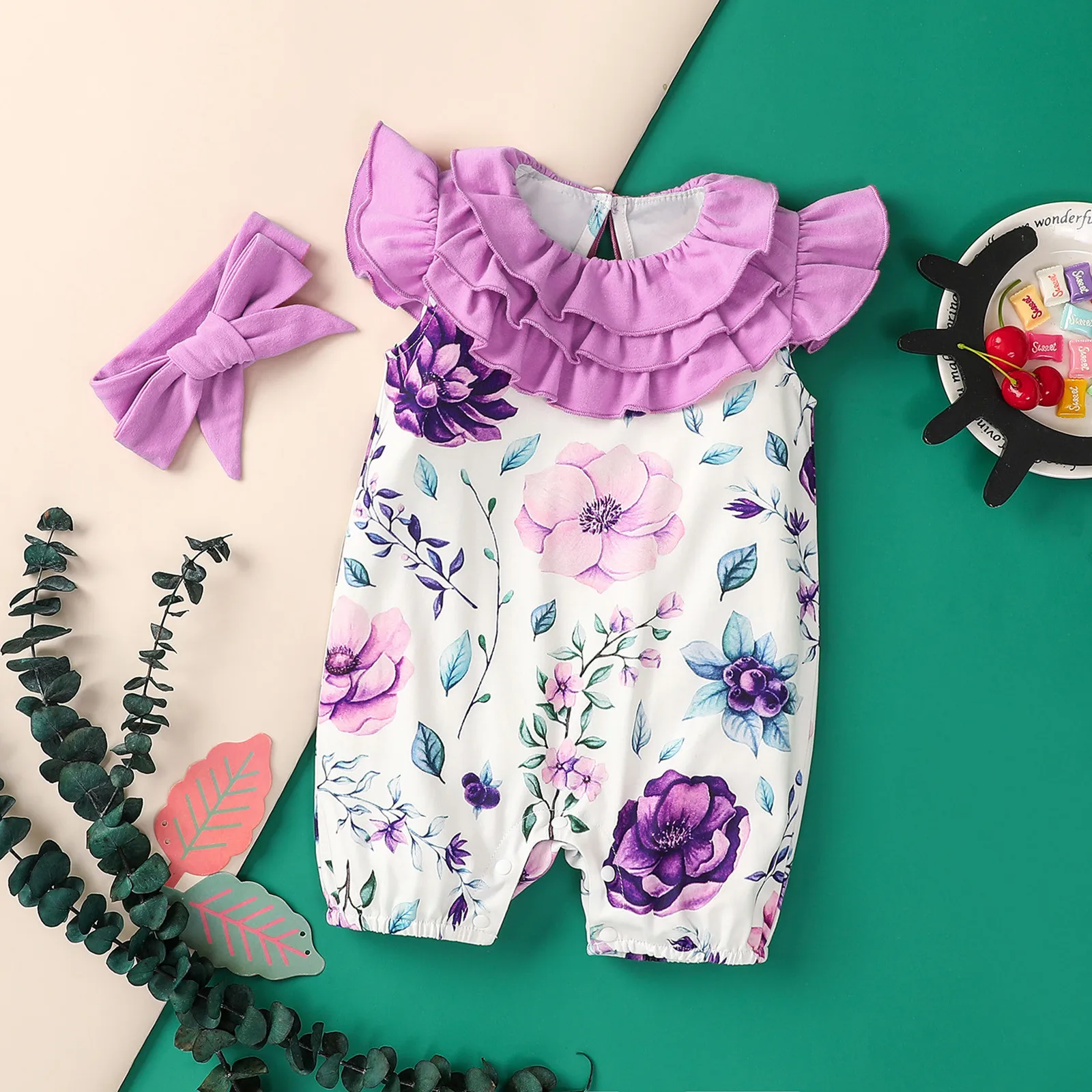 

Newborn Baby Bodysuit Girls Baby Clothes Summer Floral Flowers Print Elegant Ruffled Romper Jumpsuit+headbands Outfits 0-18m