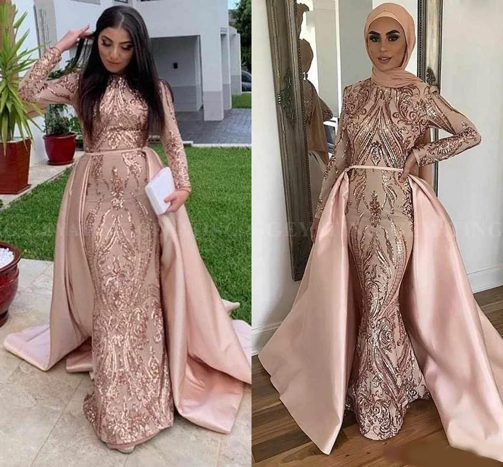 

Saudi Arabia Long sleeves Mermaid Prom Clothes with removable train 2020 Paillets Special occasions Wearing Kftan Dubai Evening