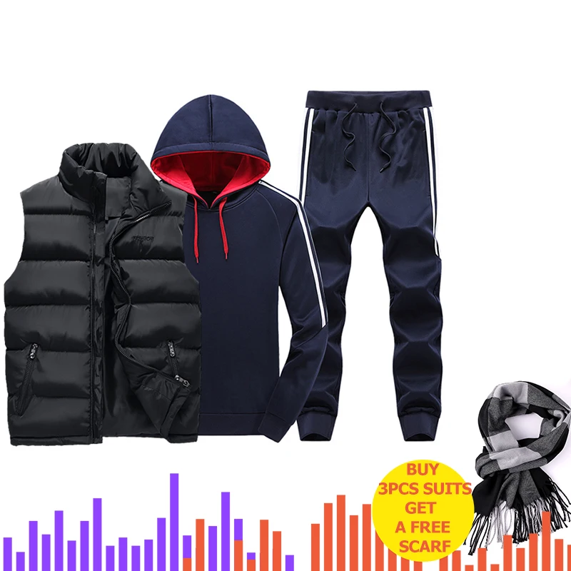 Комплект из 3 предметов с капюшоном, мужские спортивные костюмы, мужской зимний утепленный спортивный костюм, 3 предмета, куртка с меховым капюшоном+ флисовые толстовки+ штаны, мужской костюм - Цвет: Black  Blue ZH301