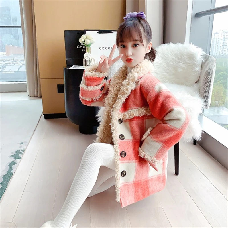 

Retro Plaid Thicken Winter Spring Warm Girls Coat School Teenagers Jacket Toddler Children Clothes Pocket Outwear High Quality
