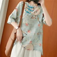 chinese style traditional clothing summer women tops new 2021 vintage printing v neck female shirt loose plus size blouse z060