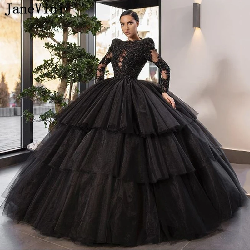Платье с длинным рукавом JaneVini блестящее черное платье Quinceanera 2020 роскошное