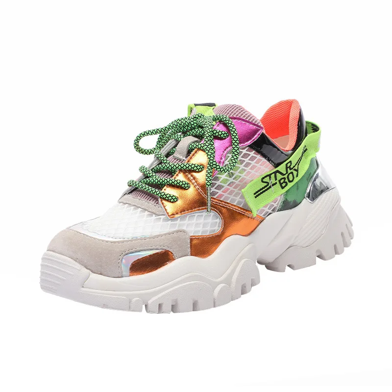 

Thick-soled Leather Matching Color Rainbow Soled Daddy Shoes and Girl 2020 New Mesh Top Versatile Breathable Shoes