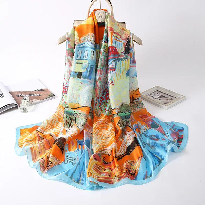 

2021 new 180X90CM Silk Scarf Summer Sunscreen Oil Painting Shawls and Wraps Female Foulard Echarpe Designer Bandana Beach Hijab