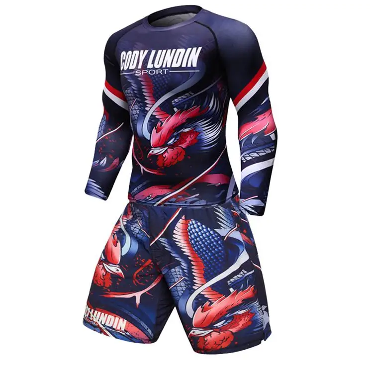 ММА кикбоксинг наборы UFC футболки+ брюки мужские боксерские шорты Рашгард Муай Тай длинные джиу джитсу боксео рукав фитнес спортивные майки - Цвет: Слоновая кость