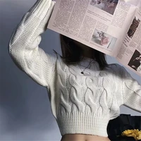 classic women long sleeve loose knitted twist sweater fashion warm solid color pullovers crop tops for autumn winter 2021