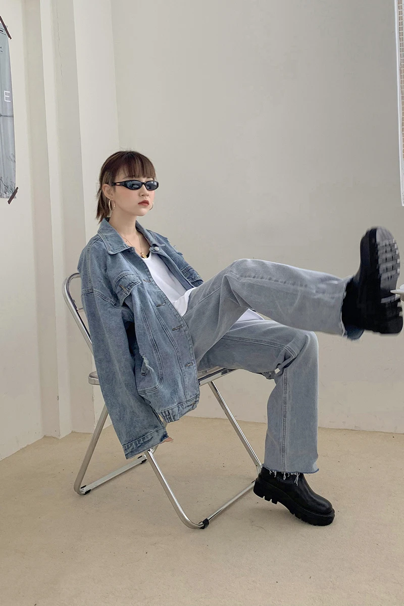 

Light Blue Raw Edge Jeans Women's Straight Tube Shows Thin Autumn New Loose Casual Jeans