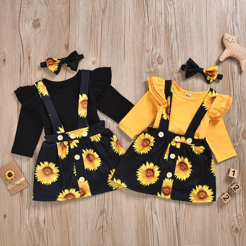 

Newborn Baby Clothes Baby Girl Clothes Yellow Romper + Sling Short Skirt Sunflower Print Autumn Winter 3pcs Set Kids Clothes