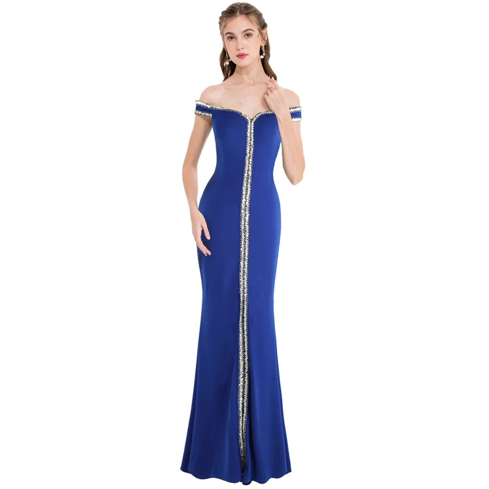 

Angel-fashions Women's Evening Dresses Off Shoulder Silver Sequin Slit Sweep Train Long BodyCon Elegant Party Gown Blue 398