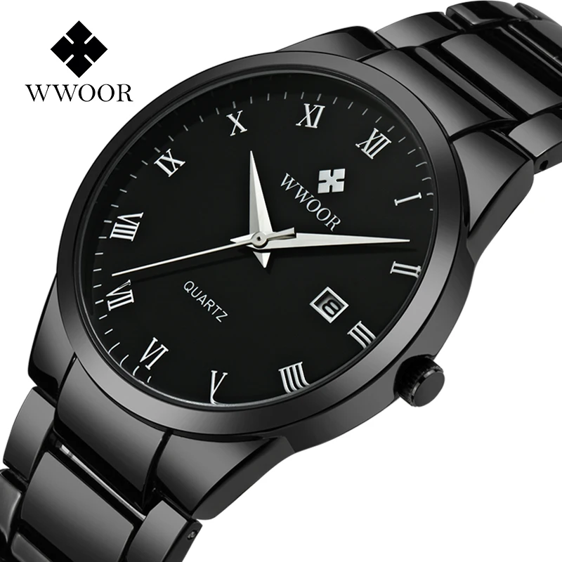 WWOOR 2021 Top Brand Black Stainless Steel Mens Watch Fashion Simple Quartz Watch Waterproof Calendar Display Clock Reloj Hombre