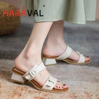 haraval women slides shoes low heels outside summer elegant solid latex white brown genuine leather shoes female thick b228