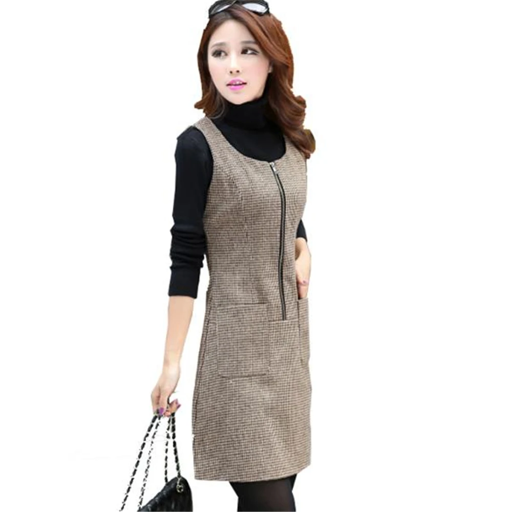 

Womens Hot Sale Autumn Plaid Woolen Dresses Spring Sleeveless Tank Knee Length Slim Warm Lady Plaid Vestido Robe