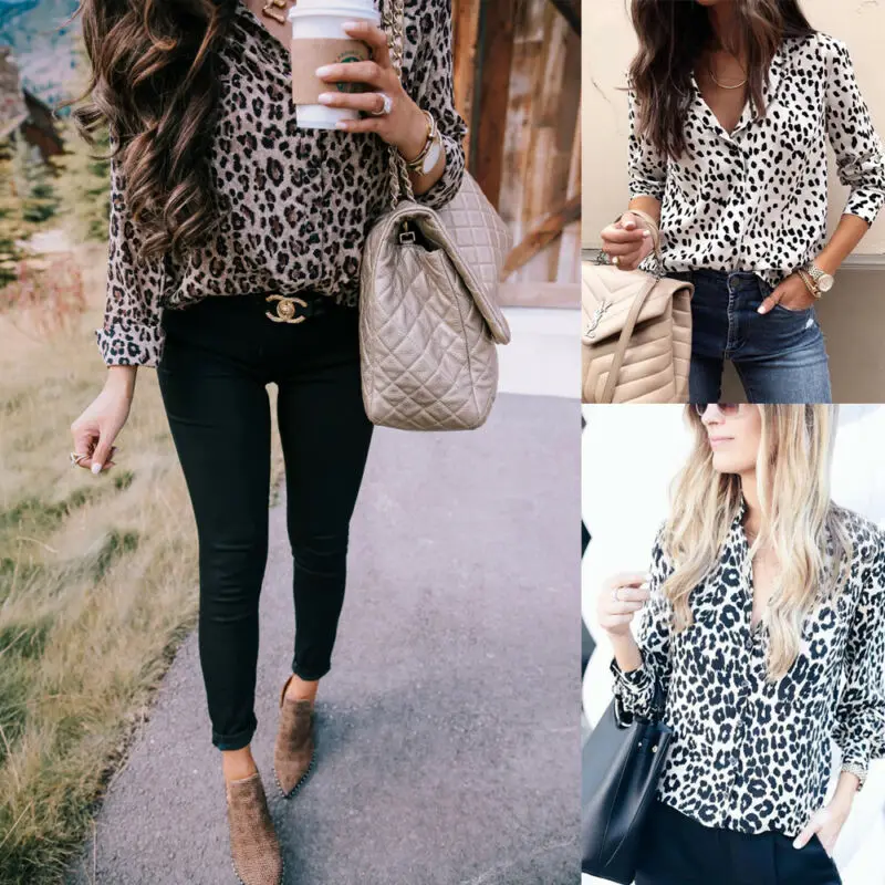 

2020 New Brand Womens Sexy Loose Blouse Leopard Ladies Long Sleeve V-neck Button Blouse Tops
