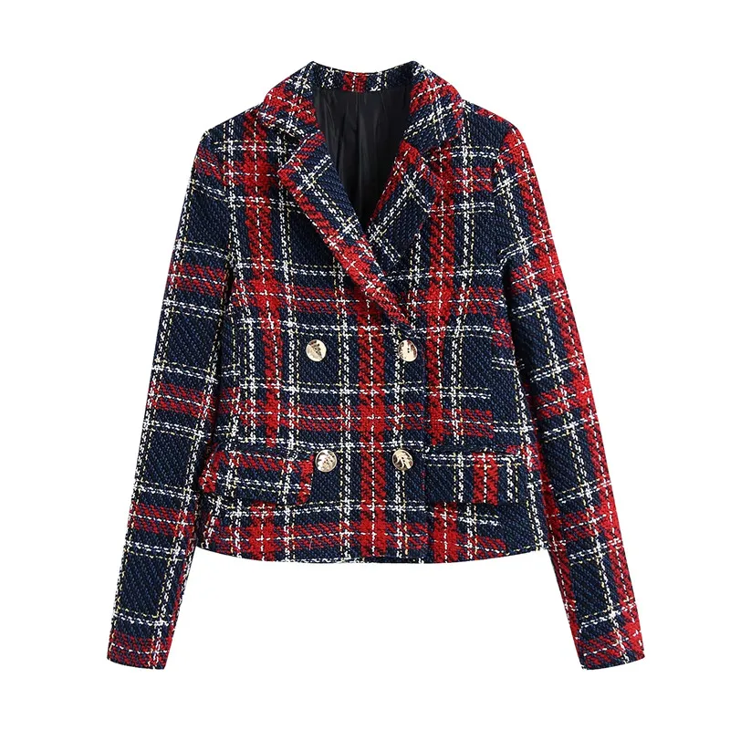 

Vogue Autumn Chic Lady Red Plaid Print Vogue Double Breasted Za Short Jackets Womens Casual Long Sleeve Thick Woolen Outwear