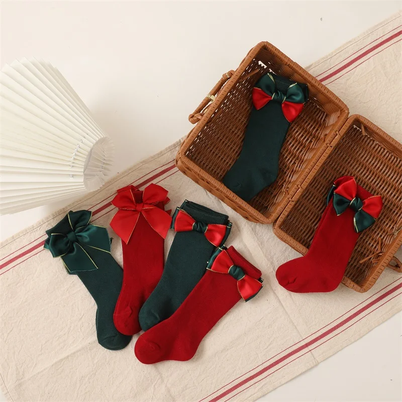 

Зимние детские носки 2 пары рождественские чулки носки до середины икры с украшением в виде банта для новорожденных девочек мальчиков 0-4 лет