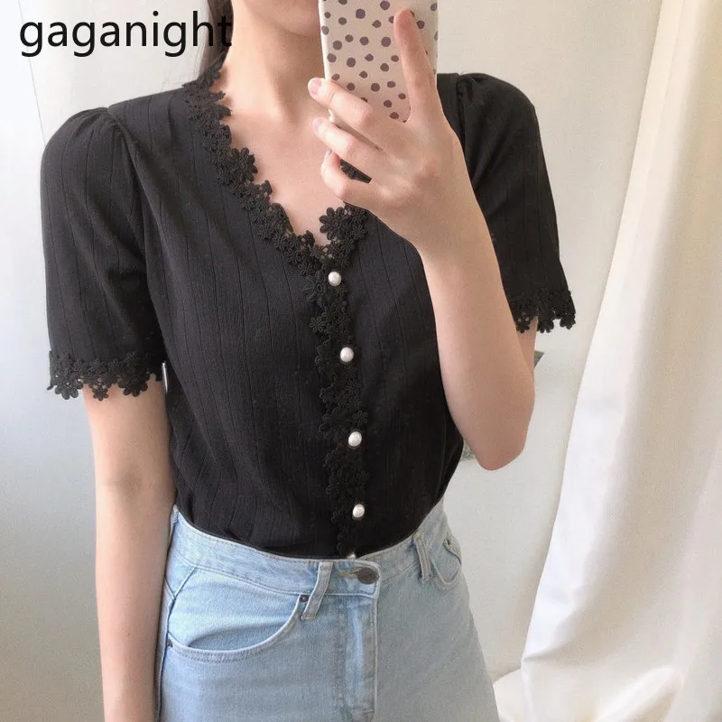 Gaganight Fashion Women Lace Knitted T Shirt Short Sleeve Cardigan Stretchy Office Lady White Black Tshirt Slim Korean Tshirts | Женская