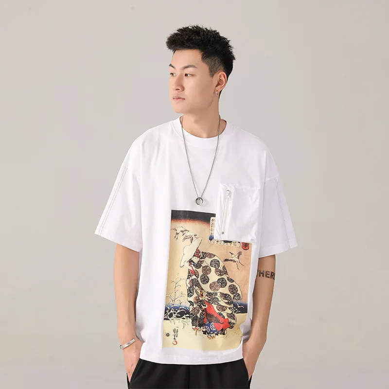 

Summer fashion printed zipper pocket cotton round neck men's T-shirt