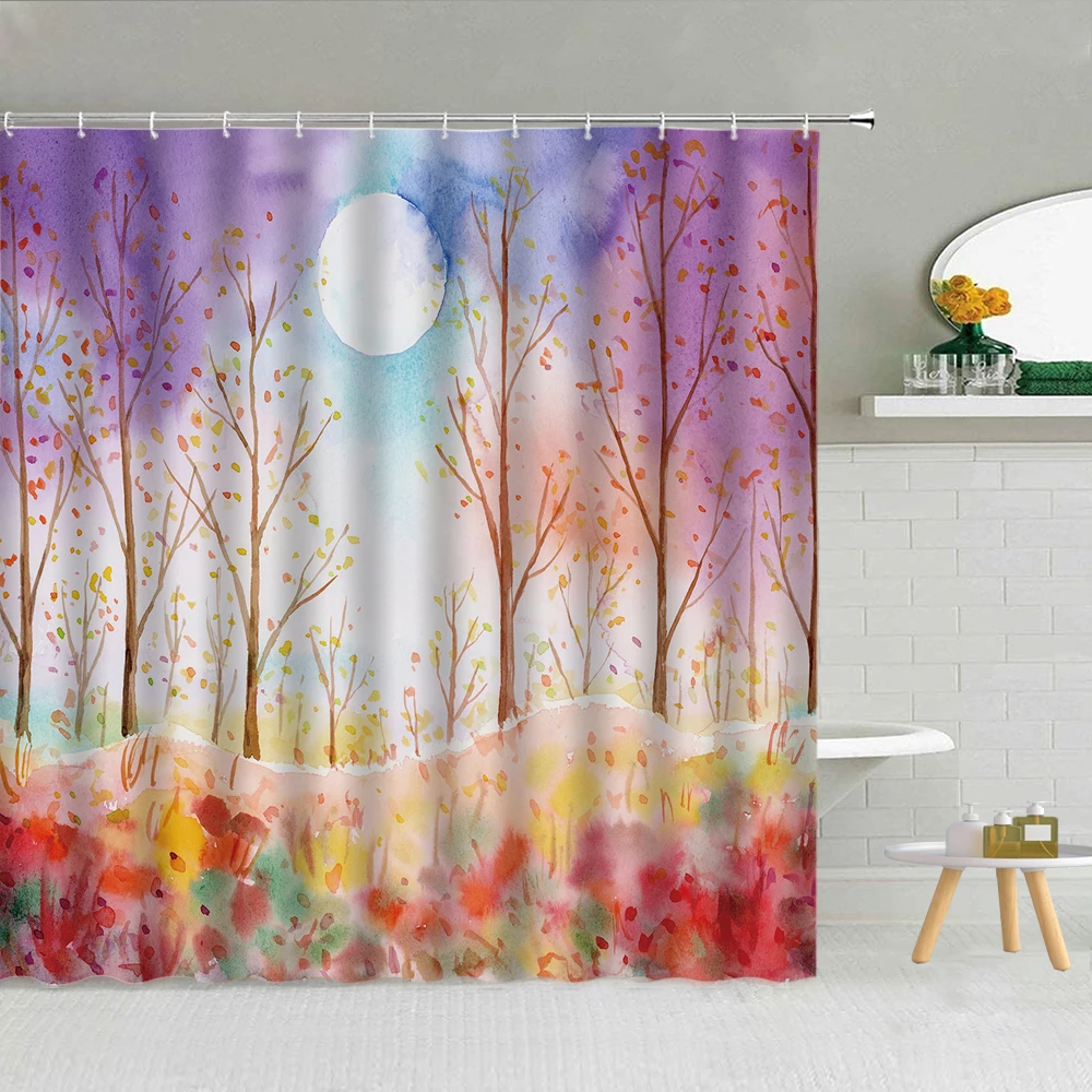 

Dream Rural Landscape Shower Curtain Small Town Oil Painting Scenery Forest Flowers Swan Bathroom Supplies Cloth Curtains Decor