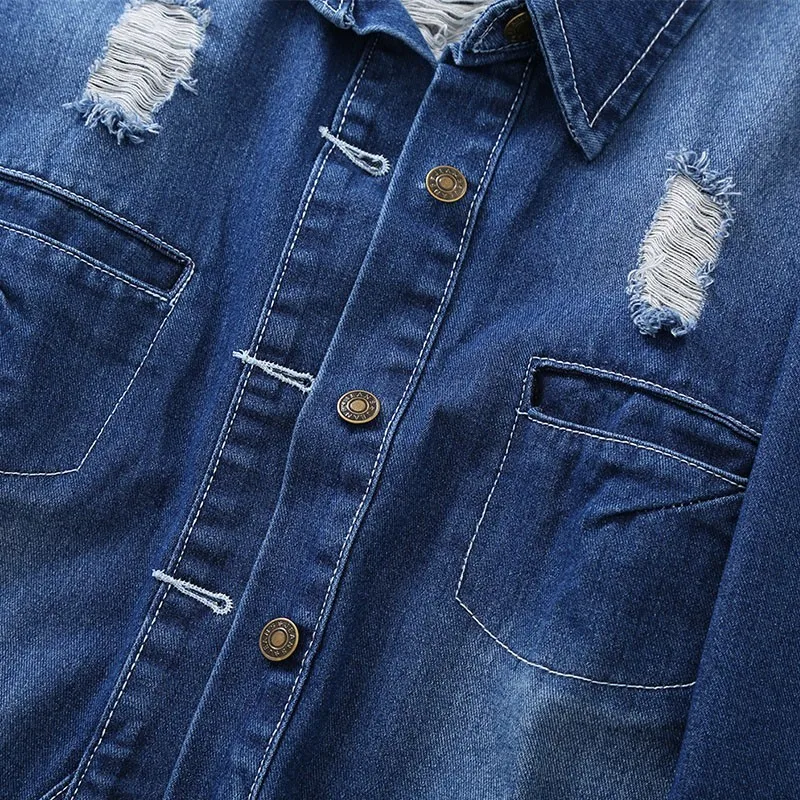 Hole Ripped Letter Print Long Sleeve Womens Denim Shirts Korean Spring Autumn Medium Length Plus Size Casual Streetwear | Женская одежда