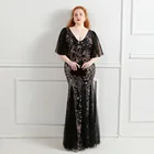 Женское вечернее платье с юбкой-годе, длинное платье с V-образным вырезом и рукавом до локтя, расшитое блестками, в цветочек, размеры до 4XL