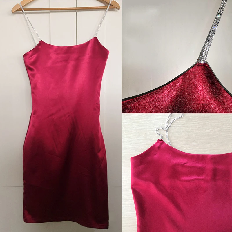 

Giyu Sexy Satin Club Party Dress Women 2020 Summer Sparkle Diamond Spaghetti Strap Backless Bodycon Dresses Mini Robe Femme