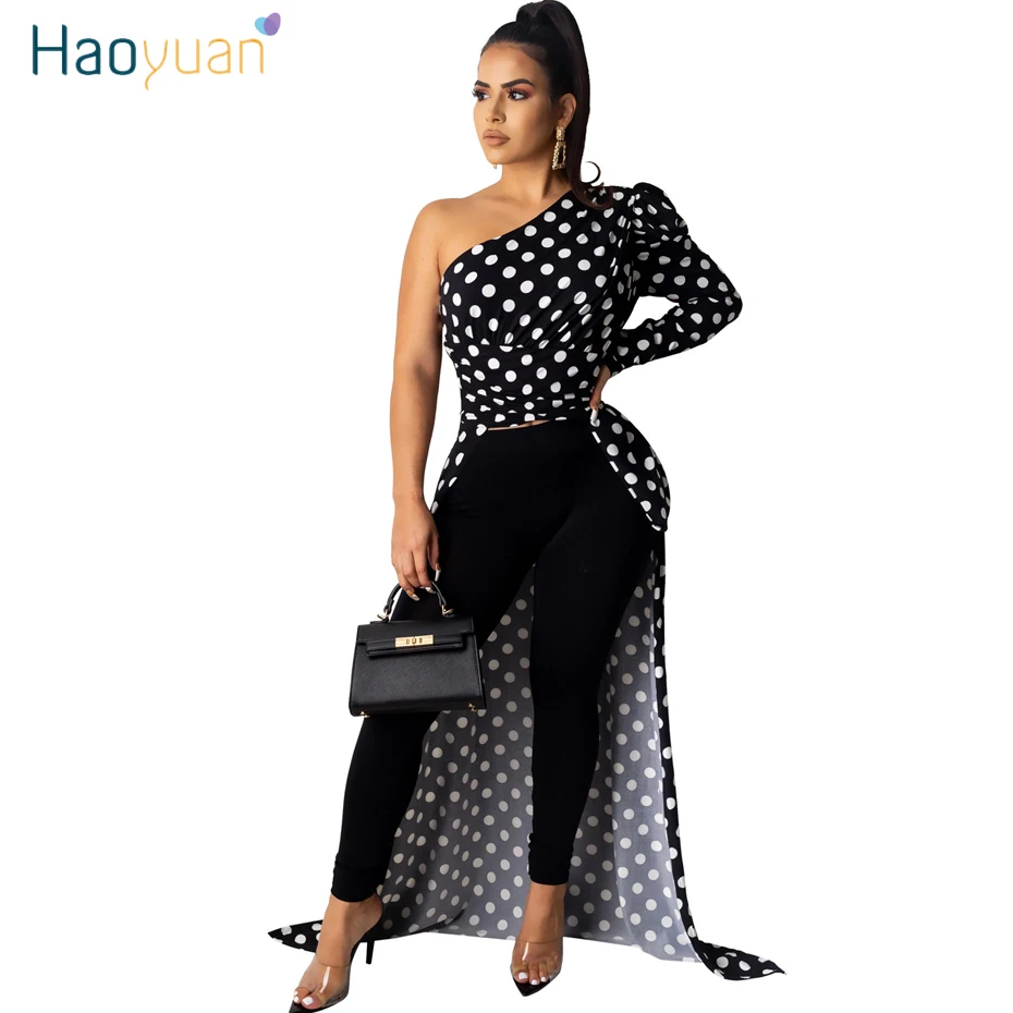 HAOYUAN, футболка в горошек, Женская туника, осенняя одежда, Rave, на одно плечо, с длинным рукавом, с неровным подолом, женские сексуальные Графические футболки, макси Топы
