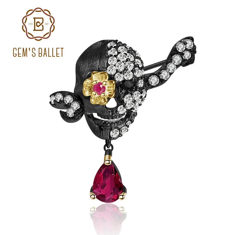 

GEM'S BALLET 925 Sterling Sliver Handmade Death Skull Skeleton Brooches For Women Glass-filled Ruby Gemstone Brooch Fine Jewelry