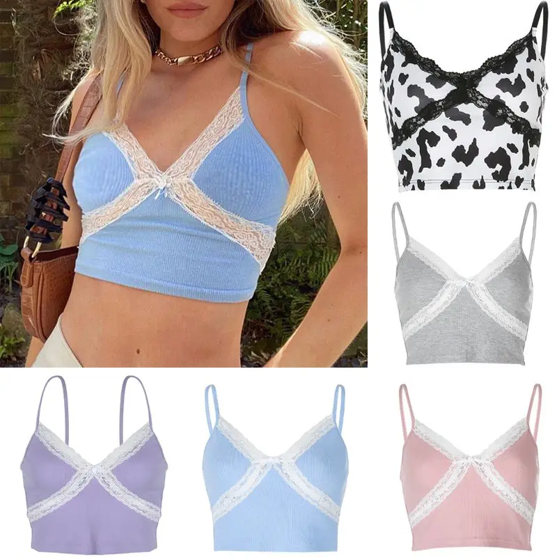 

Patchwork Lace Edge Cow Print Crop Top Women Summer Sleeveless V Neck Backless Sexy Camis Tops Fashion Streetwear Tank Top Vest
