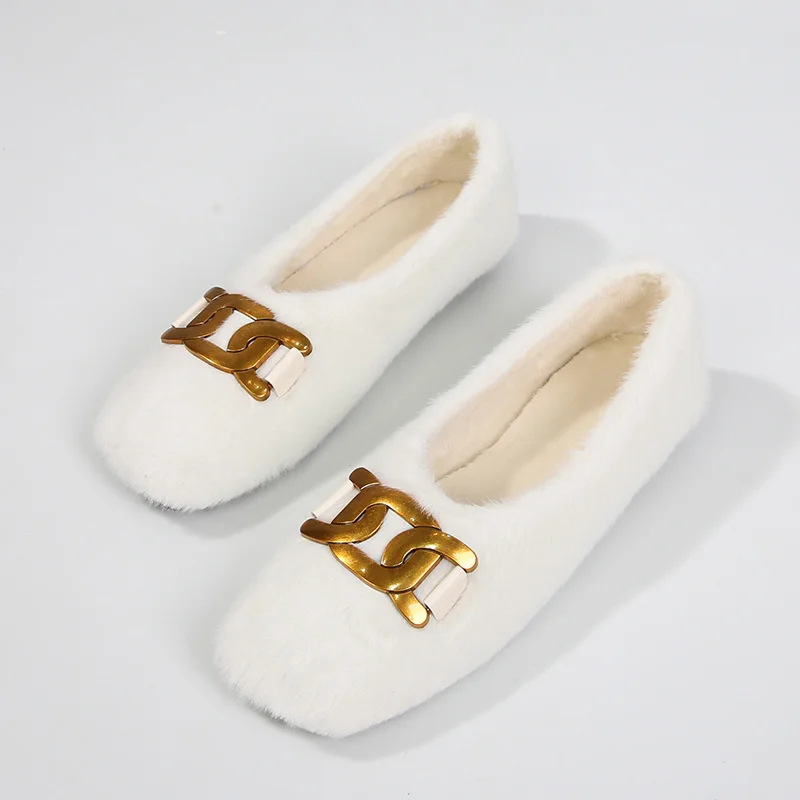 

Winter Women Large Size 34-43 Shoes Metal Chain Fur Flats Woman Square Toe Fleeces Loafers Plush Sneakers Add Cashmere Moccasins