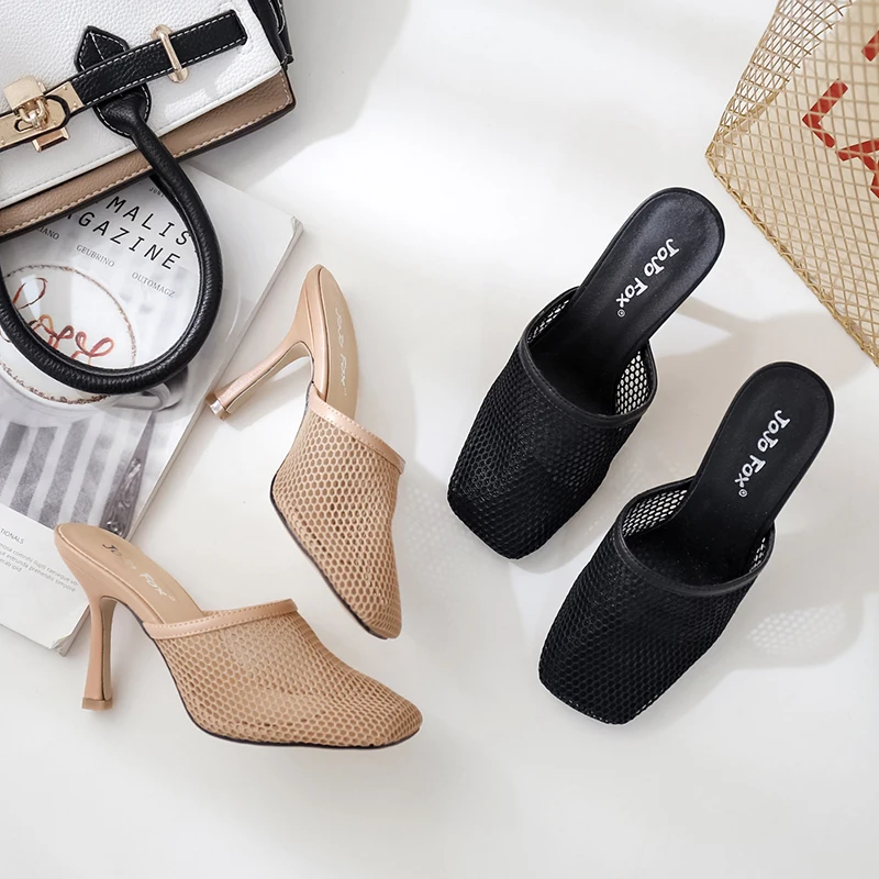 

New Hollow Breathable Mesh Woman Thin High Heels Slippers Summer Vintage Square Toe Sandals Mules Femme Shoes Pumps