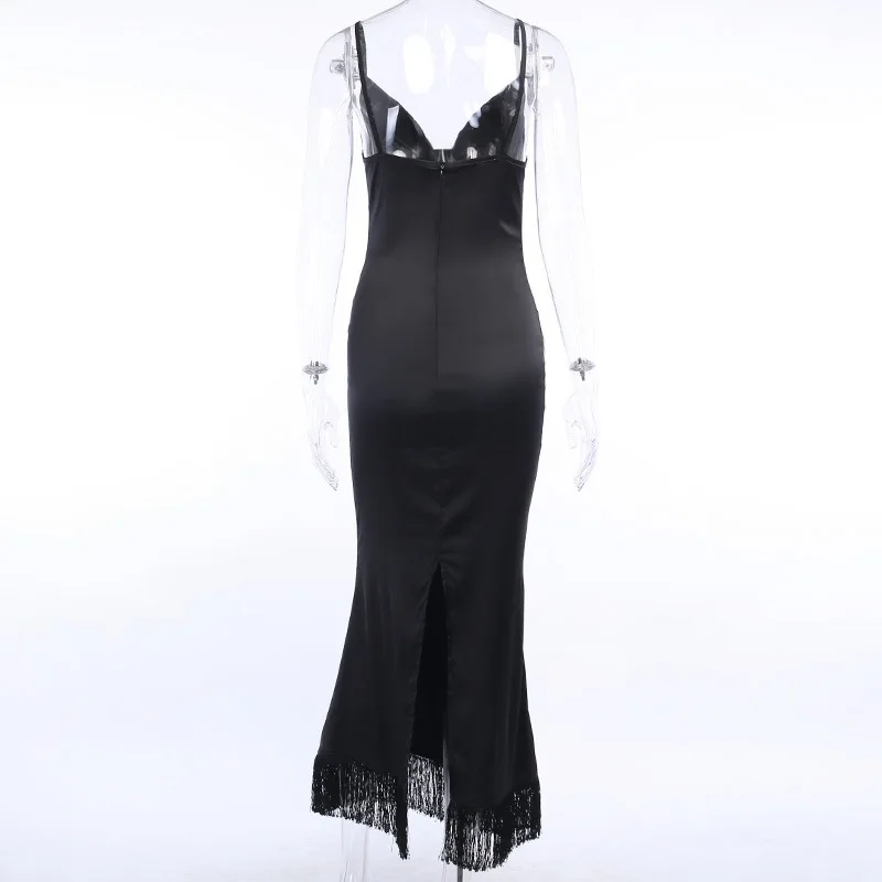 

BacklakeGirls 2020 Ladies Satin Black Tassels Evening Dress Long Elegant V Neck Sleeveless Backless Party Dress Robes De Soiree