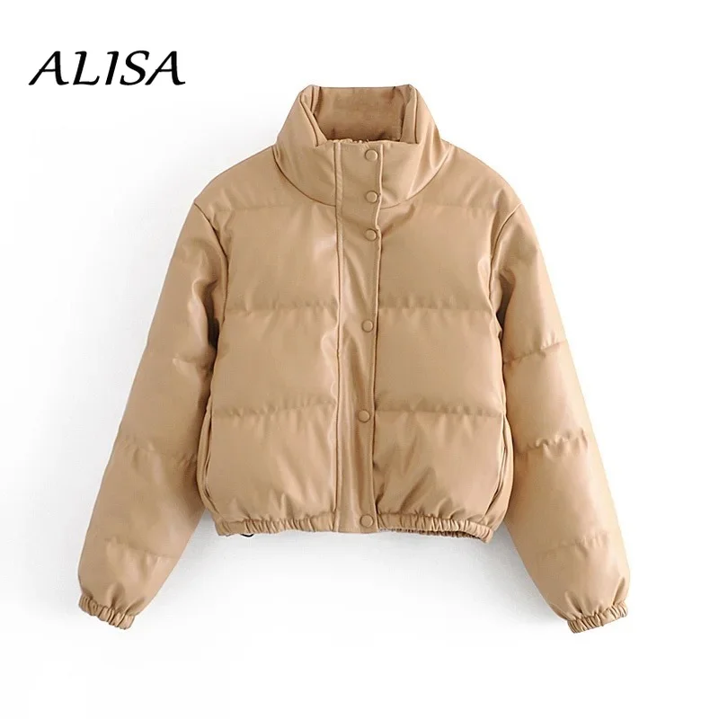 

2021 New Autumn Winter Black Crop Jacket Women Long-sleeved Faux Leather Padded Coat Female Stand Collar Short Parkas Outwear