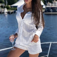 2021 summer autumn two pieces suit eyelet embroidery buttoned top pocket design shorts set womens casual shorts set