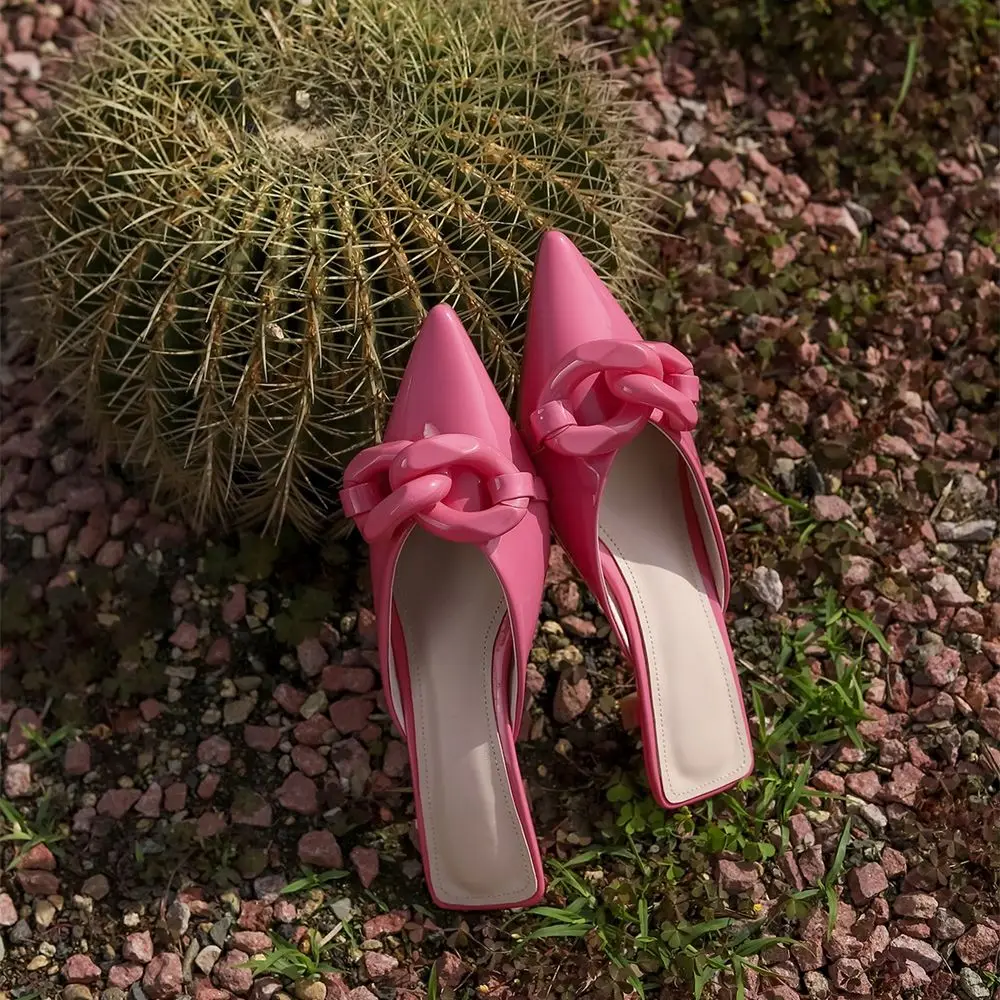 Kanseet Mules Slippers Party Dress Women Slippers White Pink Green Outdoors Shoes 4cm Mid Heels Slippers Female 2021 Summer New