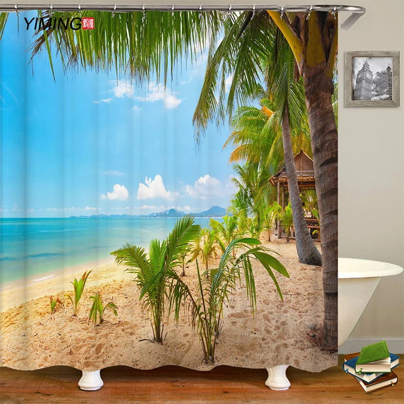 

Bathroom decoration shower curtain polyester waterproof curtains on the beach palm tree printing with hook curtains 180x200cm