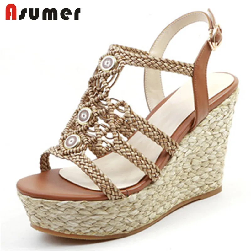 

Asumer 2021 Hot Sale Wedges Platform Sandals Ladies Shoes Weave Bohemian Style Casual Shoes Buckle Fashion Ladies Sandals
