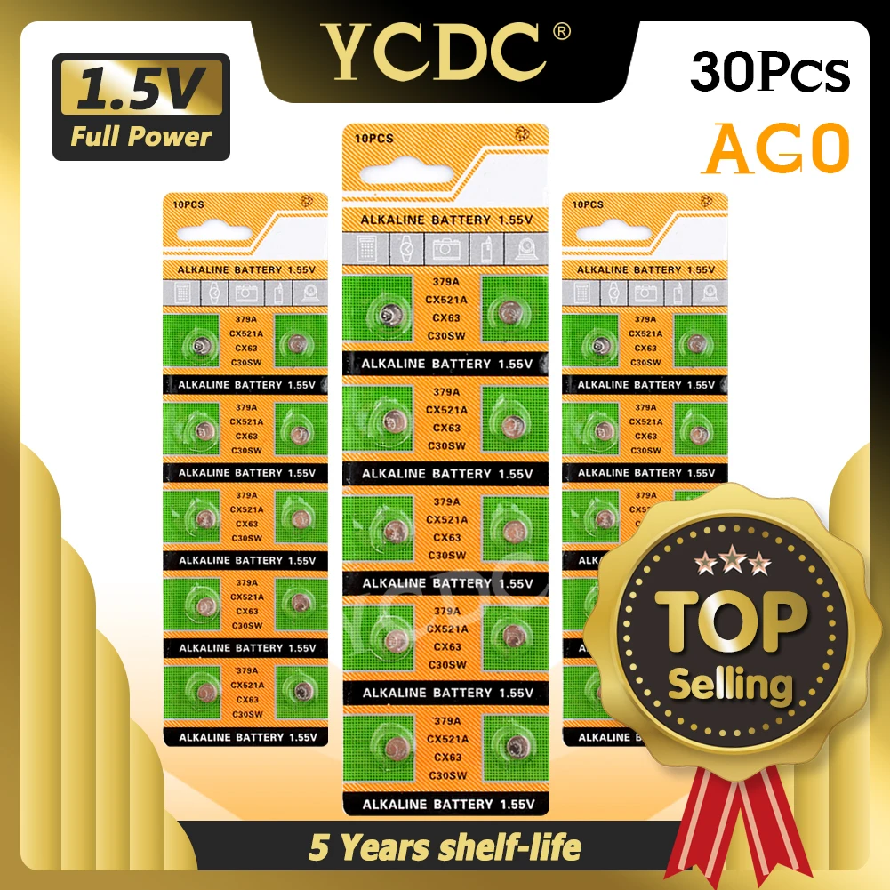 

30PCS 1.55V AG0 Button Battery SR63 LR69 LR521 379A SR521SW GP379 D379 V379 V520 AG 0 Alkaline Button Cell Coin Batteries