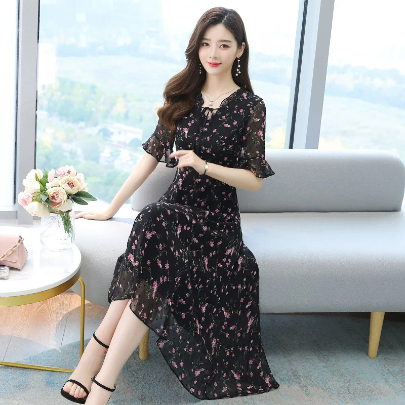 Женское шифоновое платье с длинным рукавом летнее приталенное цветочным принтом