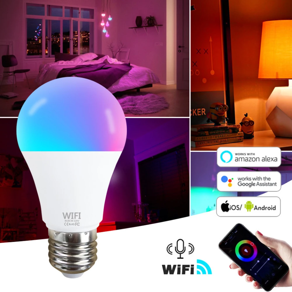 AC220V RGB+CW+WW 15W E27 B22 E26 WIFI Smart LED Bulb Colorful Discoloration Support Alexa Google Voice Control Bulb