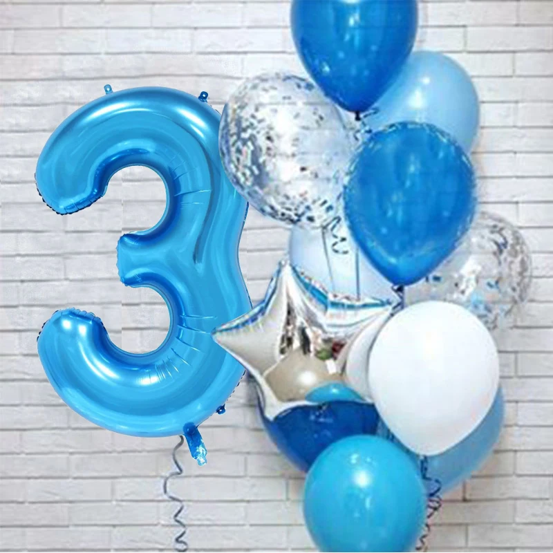 Globos de l&aacute;tex de aluminio con n&uacute;mero azul para ni&ntilde;os, decoraci&oacute;n para fiesta de cumplea&ntilde;os, primer a&ntilde;o, decoraci&oacute;n para Baby Shower, 12 unids/set por Set-4