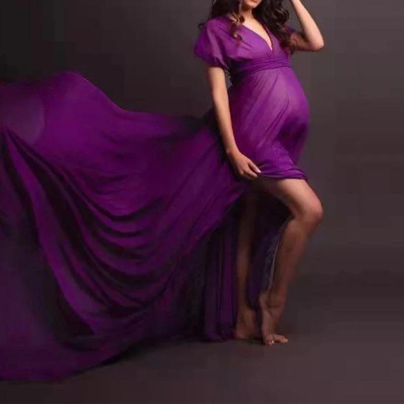 

Maternity Dresses New Pregnancy Photo Shoot Dress Chiffon Clothes For Pregnant Deep V-neck Sexy Women Flowy Trailing Maxi Dress