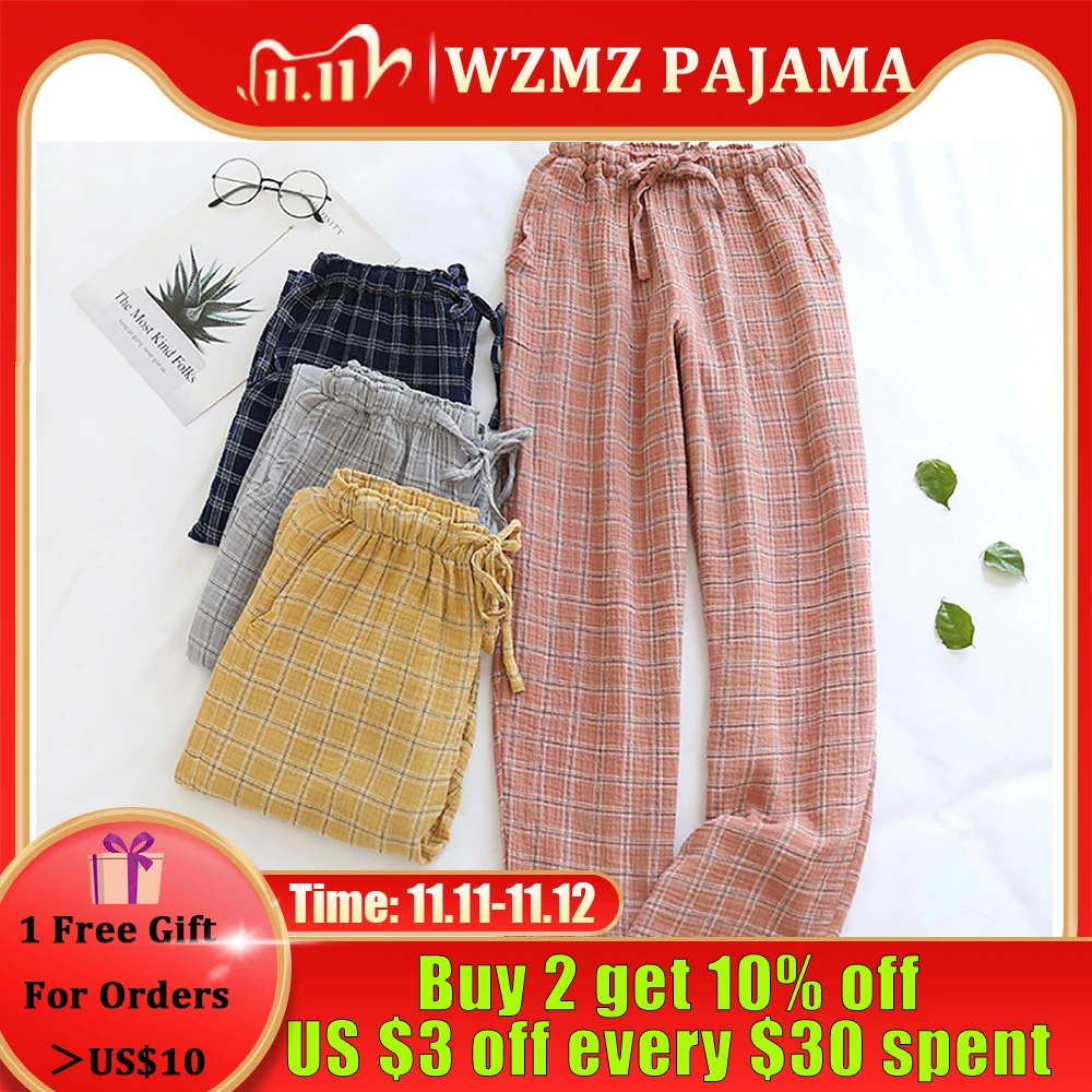 

Women's Casual Pajama Plaid Long PJ Pants Autumn Winter 100% Cotton Bottoms Plus Size Sleepwear Breathable Gauze Home Clothes