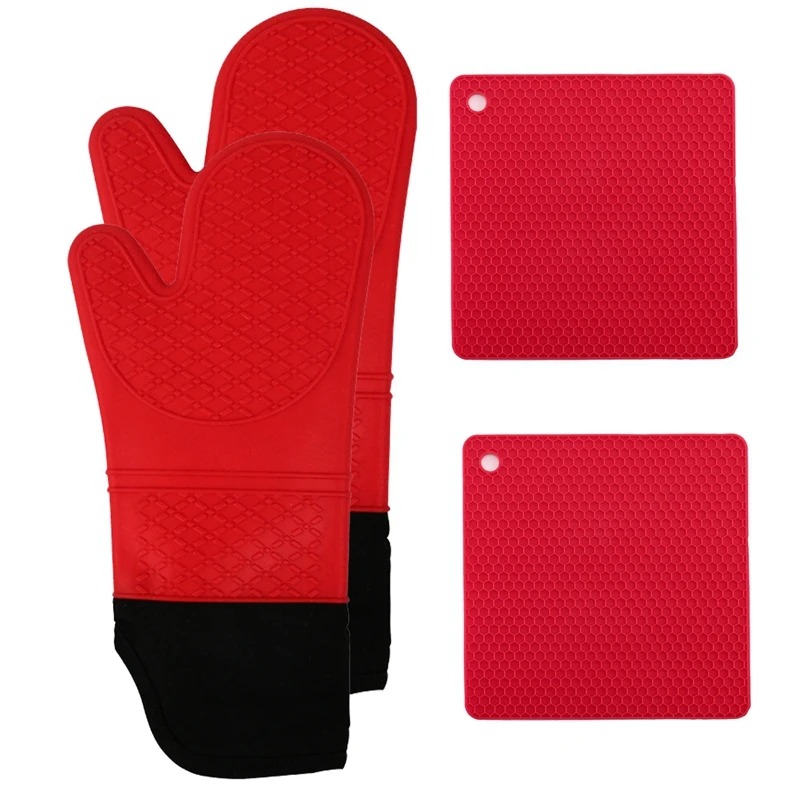 

Silicone Oven Mitt and Pot Holder 4 Piece Set, Includes 2 Soft Slip Resistant Flexible Kitchen Cooking Mitts and Mats